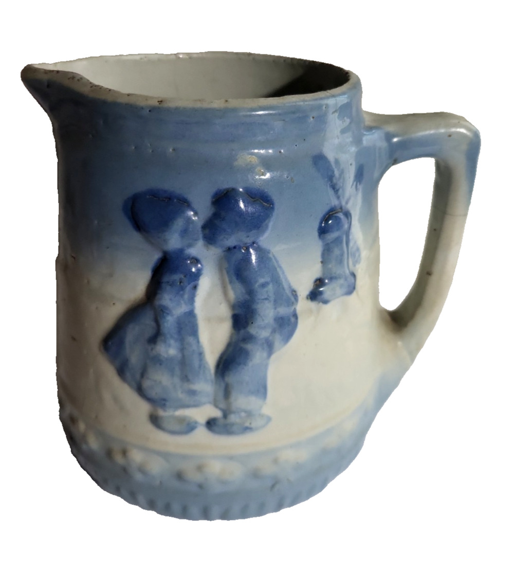 VTG Old Blue White Stoneware Pitcher Windmill Kissing Dutch Couple Salt Glaze